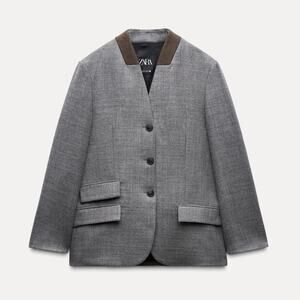 NWT Zara Collection 100% Wool Collarless Oversized Jacket Gray Sz M
